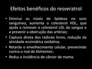 Efeitos benéficos do resveratrol
• Diminui os níveis de lipídeos no soro
sanguíneo, aumenta o colesterol HDL, que
ajuda a remover o colesterol LDL do sangue e
a prevenir a obstrução das artérias;
• Captura direta dos radicais livres, redução da
atividade enzimática oxidativa;
• Retarda o envelhecimento celular, prevenindo
contra o mal de Alzheimer;
• Reduz a incidência de câncer de mama.
 