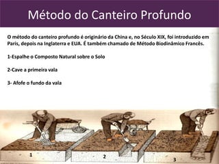 Método do Canteiro Profundo
O método do canteiro profundo é originário da China e, no Século XIX, foi introduzido em
Paris, depois na Inglaterra e EUA. É também chamado de Método Biodinâmico Francês.
1-Espalhe o Composto Natural sobre o Solo
2-Cave a primeira vala
3- Afofe o fundo da vala
1 2
3
 