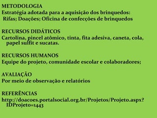 METODOLOGIA
Estratégia adotada para a aquisição dos brinquedos:
Rifas; Doações; Oficina de confecções de brinquedos
RECURSOS DIDÁTICOS
Cartolina, pincel atômico, tinta, fita adesiva, caneta, cola,
papel sulfit e sucatas.
RECURSOS HUMANOS
Equipe do projeto, comunidade escolar e colaboradores;
AVALIAÇÃO
Por meio de observação e relatórios
REFERÊNCIAS
http://doacoes.portalsocial.org.br/Projetos/Projeto.aspx?
IDProjeto=1443
 