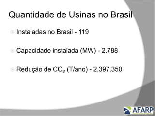 Quantidade de Usinas no Brasil
 Instaladas no Brasil - 119
 Capacidade instalada (MW) - 2.788
 Redução de CO2 (T/ano) - 2.397.350
 