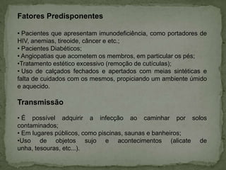 Fatores Predisponentes
• Pacientes que apresentam imunodeficiência, como portadores de
HIV, anemias, tireoide, câncer e etc.;
• Pacientes Diabéticos;
• Angiopatias que acometem os membros, em particular os pés;
•Tratamento estético excessivo (remoção de cutículas);
• Uso de calçados fechados e apertados com meias sintéticas e
falta de cuidados com os mesmos, propiciando um ambiente úmido
e aquecido.

Transmissão
• É possível adquirir a infecção ao caminhar por solos
contaminados;
• Em lugares públicos, como piscinas, saunas e banheiros;
•Uso de objetos sujo e acontecimentos (alicate de
unha, tesouras, etc...).

 
