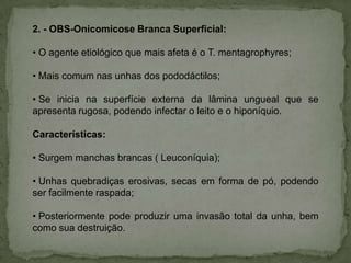 2. - OBS-Onicomicose Branca Superficial:
• O agente etiológico que mais afeta é o T. mentagrophyres;
• Mais comum nas unhas dos pododáctilos;
• Se inicia na superfície externa da lâmina ungueal que se
apresenta rugosa, podendo infectar o leito e o hiponíquio.
Características:
• Surgem manchas brancas ( Leuconíquia);
• Unhas quebradiças erosivas, secas em forma de pó, podendo
ser facilmente raspada;
• Posteriormente pode produzir uma invasão total da unha, bem
como sua destruição.

 