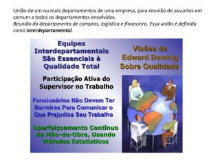 União de um ou mais departamentos de uma empresa, para reunião de assuntos em
comum a todos os departamentos envolvidos.
Reunião do departamento de compras, logística e financeiro. Essa união é definida
como interdepartamental.

 