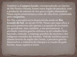  Também os Campos Gerais, correspondendo ao interior

de São Paulo e Paraná, foram outra região de pecuária, com
a produção de animais de tiro para a região mineradora.
Nessa região predominava a mão-de-obra livre, constituída
pelos tropeiros.
 Por fim, a pecuária seria desenvolvida ainda no Rio
Grande do Sul, no século XVIII. Nesse caso específico, a
pecuária promoveu não apenas a ocupação do território
rio-grandense, mas, também, o seu povoamento. A
atividade criatória gaúcha utilizava-se do trabalho livre,
havendo, contudo, o emprego paralelo de escravos e dos
indígenas oriundos das missões. Voltada também para o
abastecimento da região das Gerais, a pecuária gaúcha
desenvolveu a indústria do charque e a criação de gado
bovino, muar, eqüino e ovino.

 