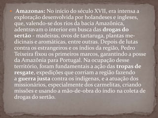  Amazonas: No início do século XVII, era intensa a

exploração desenvolvida por holandeses e ingleses,
que, valendo-se dos rios da bacia Amazônica,
adentravam o interior em busca das drogas do
sertão - madeiras, ovos de tartaruga, plantas medicinais e aromáticas, entre outras. Depois de lutas
contra os estrangeiros e os índios da região, Pedro
Teixeira fixou os primeiros marcos, garantindo a posse
da Amazônia para Portugal. Na ocupação desse
território, foram fundamentais a ação das tropas de
resgate, expedições que corriam a região fazendo
a guerra justa contra os indígenas, e a atuação dos
missionários, especialmente dos carmelitas, criando
missões e usando a mão-de-obra do índio na coleta de
drogas do sertão.

 
