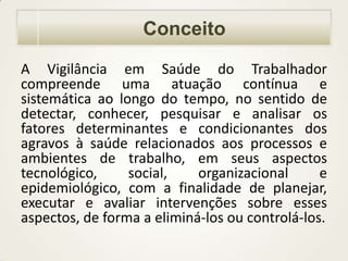 Conceito
A Vigilância em Saúde do Trabalhador
compreende uma atuação contínua e
sistemática ao longo do tempo, no sentido de
detectar, conhecer, pesquisar e analisar os
fatores determinantes e condicionantes dos
agravos à saúde relacionados aos processos e
ambientes de trabalho, em seus aspectos
tecnológico,
social,
organizacional
e
epidemiológico, com a finalidade de planejar,
executar e avaliar intervenções sobre esses
aspectos, de forma a eliminá-los ou controlá-los.

 