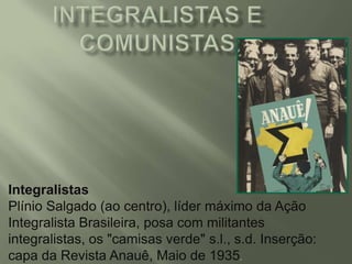 Integralistas
Plínio Salgado (ao centro), líder máximo da Ação
Integralista Brasileira, posa com militantes
integralistas, os "camisas verde" s.l., s.d. Inserção:
capa da Revista Anauê, Maio de 1935.

 