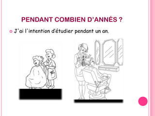 PENDANT COMBIEN D’ANNÉS ?


J'ai l'intention d’étudier pendant un an.

 