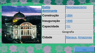 Estilo
dominante

Neoclassicismo

Construção

1884

Inauguração

1896

Capacidade

701
Geografia

Cidade

Manaus, Amazonas

Início

 