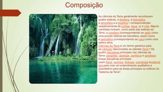 Composição
As ciências da Terra geralmente reconhecem
quatro esferas, a litosfera, a hidrosfera,
a atmosfera e a biosfera,3 correspondentes
respetivamente às rochas, água, ar e vida. Alguns
cientistas incluem, como parte das esferas da
Terra, a criosfera (correspondendo ao gelo) como
uma porção distinta da hidrosfera, assim como
a pedosfera (correspondendo ao solo) como uma
esfera ativa.
Ciências da Terra é um termo genérico para
as ciências relacionadas ao planeta Terra.4 Há
quatro disciplinas principais nas ciências da
Terra: geografia, geologia, geofísica e geodésia.
Essas disciplinas principais
usam física, química, biologia, cronologia ematemá
tica para criar um entendimento qualitativo e
quantitativo para as áreas principais ou esferas do
"sistema da Terra".

 