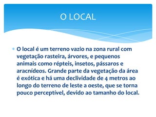 O LOCAL

O local é um terreno vazio na zona rural com
vegetação rasteira, árvores, e pequenos
animais como répteis, insetos, pássaros e
aracnídeos. Grande parte da vegetação da área
é exótica e há uma declividade de 4 metros ao
longo do terreno de leste a oeste, que se torna
pouco perceptível, devido ao tamanho do local.

 