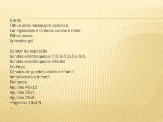 Gazes
Tábua para massagem cardíaca
Laringoscópio e lâminas curvas e retas
Pilhas novas
Xylocaína gel
Cateter de aspiração
Sondas endotraqueais 7,5; 8,0 ;8,5 e 9,0.
Sondas endotraqueais infantis
Cadarço
Cânulas de guedell adulto e infantil
Ambú adulto e infantil
Eletrodos
Agulhas 40x12
Agulhas 25x7
Agulhas 25x8
•Agulhas 13x4,5


 