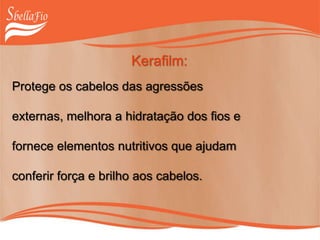 Kerafilm:
Protege os cabelos das agressões
externas, melhora a hidratação dos fios e
fornece elementos nutritivos que ajudam
conferir força e brilho aos cabelos.
 