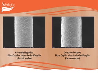 RESULTADOS COMPROVADOS
Controle Negativo
Fibra Capilar antes da danificação
(descoloração)
Controle Positivo
Fibra Capilar depois da danificação
(descoloração)
 