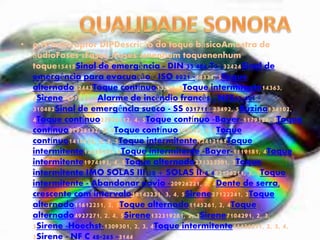 • o NºInterruptor DIPDescrição do toque básicoAmostra de
áudioFases 2Fases 3Fases 40nenhum toquenenhum
toque15415Sinal de emergência - DIN 33 404/T3 -32424Sinal de
emergência para evacuação - ISO 8021 -14334, 5Toque
alternado12443Toque contínuo13553, 5Toque intermitente14363,
4Sirene14973, 4, 5Alarme de incêndio francês - NFS32-001 -
310482Sinal de emergência sueco - SS 031711 -23492, 5Buzina134102,
4Toque contínuo27926112, 4, 5Toque contínuo -Bayer-1179122, 3Toque
contínuo27926132, 3, 5Toque contínuo153142, 3, 4Toque
contínuo1410152, 3, 4, 5Toque intermitente12412161Toque
intermitente12415171, 5Toque intermitente -Bayer-1119181, 4Toque
intermitente1974191, 4, 5Toque alternado271323201, 3Toque
intermitente IMO SOLAS III/50 + SOLAS II/6 492126211, 3, 5Toque
intermitente - Abandonar navio -20926221, 3, 4Dente de serra,
crescente com intervalo19142231, 3, 4, 5Sirene27122241, 2Toque
alternado11612251, 2, 5Toque alternado1145261, 2, 4Toque
alternado4927271, 2, 4, 5Sirene132319281, 2, 3Sirene7104291, 2, 3,
5Sirene -Hoechst-1309301, 2, 3, 4Toque intermitente11426311, 2, 3, 4,
5Sirene - NF C 48-265 -3144
 