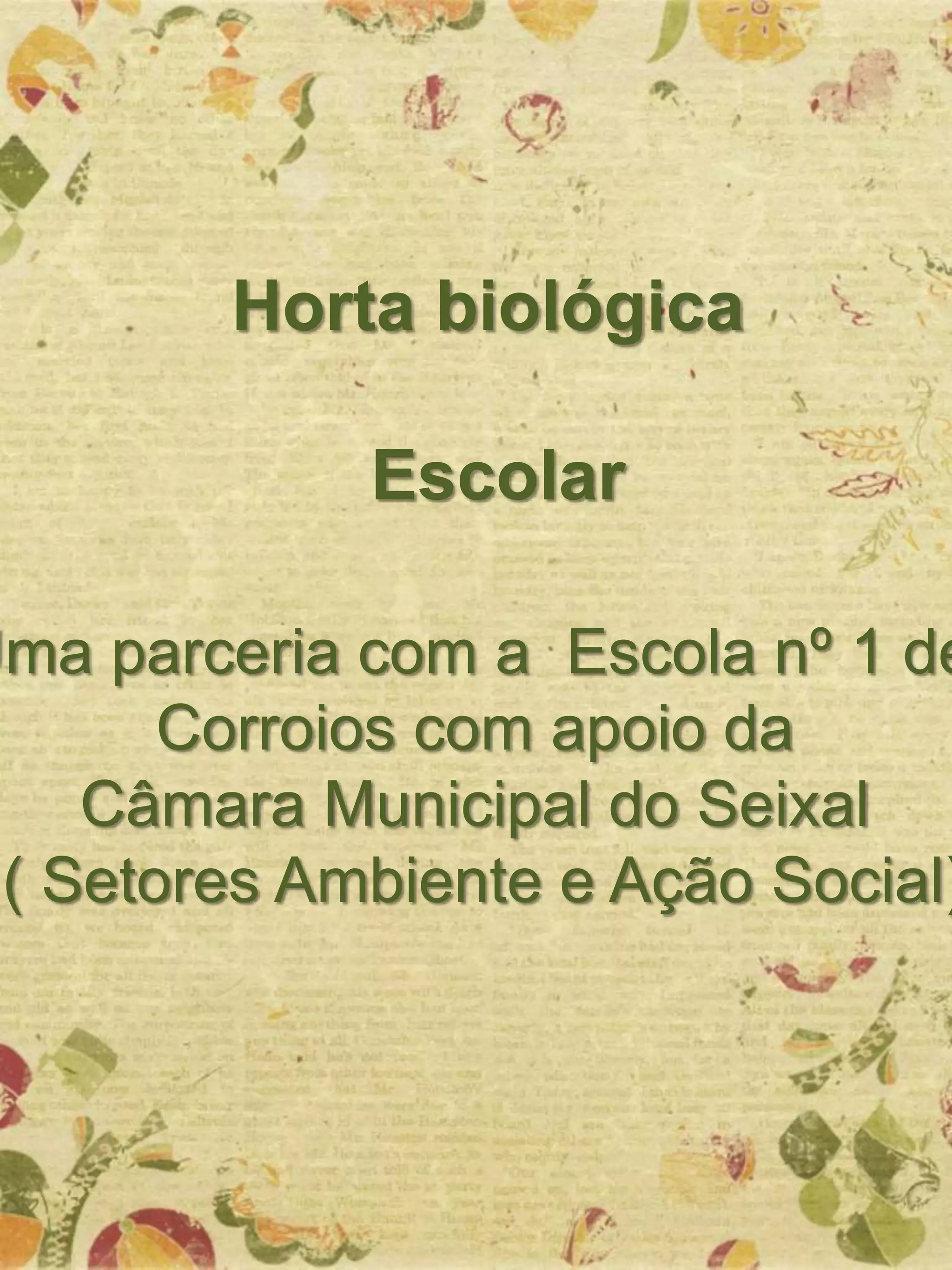 Horta biológica
Escolar
Uma parceria com a Escola nº 1 de
Corroios com apoio da
Câmara Municipal do Seixal
( Setores Ambiente e Ação Social)