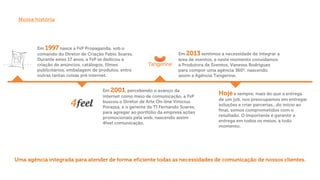 Uma agência integrada para atender de forma eficiente todas as necessidades de comunicação de nossos clientes.
Em 1997 nasce a FsP Propaganda, sob o
comando do Diretor de Criação Fabio Soares.
Durante estes 17 anos, a FsP se dedicou a
criação de anúncios, catálogos, filmes
publicitários, embalagem de produtos, entre
outras tantas coisas pré internet.
Em 2013 sentimos a necessidade de integrar a
área de eventos, e neste momento convidamos
a Produtora de Eventos, Vanessa Rodriguez
para compor uma agência 360º, nascendo
assim a Agência Tangerine.
Em 2001, percebendo o avanço da
internet como meio de comunicação, a FsP
buscou o Diretor de Arte On-line Vinicius
Porazza, e o gerente de TI Fernando Soares,
para agregar ao portfólio da empresa ações
promocionais pela web, nascendo assim
4feel comunicação.
Hoje e sempre, mais do que a entrega
de um job, nos preocupamos em entregar
soluções e criar parcerias...do início ao
final, somos comprometidos com o
resultado. O importante é garantir a
entrega em todos os meios, a todo
momento.
Nossa história
 