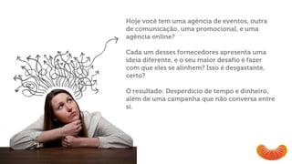 Hoje você tem uma agência de eventos, outra
de comunicação, uma promocional, e uma
agência online?
Cada um desses fornecedores apresenta uma
ideia diferente, e o seu maior desafio é fazer
com que eles se alinhem? Isso é desgastante,
certo?
O resultado: Desperdício de tempo e dinheiro,
além de uma campanha que não conversa entre
si.
 