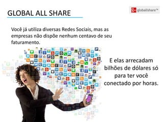 GLOBAL ALL SHARE
Você já utiliza diversas Redes Sociais, mas as
empresas não dispõe nenhum centavo de seu
faturamento.
E elas arrecadam
bilhões de dólares só
para ter você
conectado por horas.
 