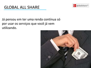 GLOBAL ALL SHARE
Já pensou em ter uma renda contínua só
por usar os serviços que você já vem
utilizando.
 