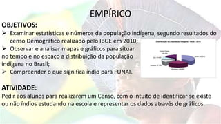 EMPÍRICO
OBJETIVOS:
 Examinar estatísticas e números da população indígena, segundo resultados do
censo Demográfico realizado pelo IBGE em 2010;
 Observar e analisar mapas e gráficos para situar
no tempo e no espaço a distribuição da população
indígena no Brasil;
 Compreender o que significa índio para FUNAI.
ATIVIDADE:
Pedir aos alunos para realizarem um Censo, com o intuito de identificar se existe
ou não índios estudando na escola e representar os dados através de gráficos.
 