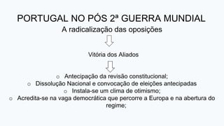 PORTUGAL NO PÓS 2ª GUERRA MUNDIAL
A radicalização das oposições
Vitória dos Aliados
o Antecipação da revisão constitucional;
o Dissolução Nacional e convocação de eleições antecipadas
o Instala-se um clima de otimismo;
o Acredita-se na vaga democrática que percorre a Europa e na abertura do
regime;
 