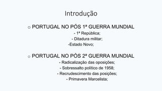 Introdução
o PORTUGAL NO PÓS 1ª GUERRA MUNDIAL
- 1ª República;
- Ditadura militar;
-Estado Novo;
o PORTUGAL NO PÓS 2ª GUERRA MUNDIAL
- Radicalização das oposições;
- Sobressalto político de 1958;
- Recrudescimento das posições;
- Primavera Marcelista;
 