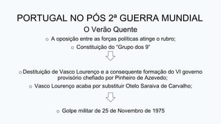 PORTUGAL NO PÓS 2ª GUERRA MUNDIAL
O Verão Quente
o A oposição entre as forças políticas atinge o rubro;
o Constituição do “Grupo dos 9”
oDestituição de Vasco Lourenço e a consequente formação do VI governo
provisório chefiado por Pinheiro de Azevedo;
o Vasco Lourenço acaba por substituir Otelo Saraiva de Carvalho;
o Golpe militar de 25 de Novembro de 1975
 