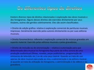 Existem diversos tipos de direitos relacionados à exploração das obras musicais e
dos fonogramas. Alguns desses direitos são exercidos diretamente por seus
titulares, outros são geridos coletivamente. Eles são assim classificados:
• Direito de edição gráfica: relativo à exploração comercial de partituras musicais
impressas. Geralmente exercido pelos autores diretamente ou por suas editoras
musicais;
• Direito fonomecânico: referente à exploração comercial de músicas gravadas em
suporte material. Exercido pelas editoras musicais e pelas gravadoras;
• Direito de inclusão ou de sincronização – relativo à autorização para que
determinada obra musical ou fonograma faça parte da trilha sonora de uma
produção audiovisual (filmes, novelas, peças publicitárias, programação de
emissoras de televisão etc.) ou de uma peça teatral. Quando se trata do uso
apenas da obra musical executada ao vivo, a administração é da editora musical.
Já quando se trata da utilização do fonograma, a administração é da editora e da
gravadora.
 