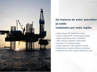 Os maiores do setor petrolífero
já estão
instalados por toda região.
• Shell • Devon PB Statoil Idro • Esso
• Texaco • Repsol-YPF • Schlumberger (sede)
• Baker (sede) Ensco-Pride • Halliburton
• FMC • Acergy • Aggreko • Falck Nutek
• Sub Sea 7 • Transocean (sede)
• Cooper Cameron • Aker Solutions • Smith
• Weatherford • Superior Offshore • Petrobras
• Odebrecht Oil e Gás • Queiroz Galvão Oil e Gás
 