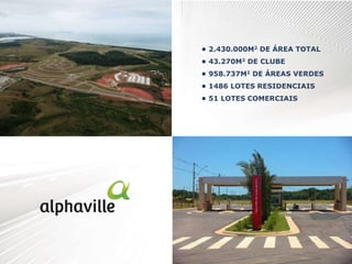 • 2.430.000M2 DE ÁREA TOTAL
• 43.270M2 DE CLUBE
• 958.737M2 DE ÁREAS VERDES
• 1486 LOTES RESIDENCIAIS
• 51 LOTES COMERCIAIS
 