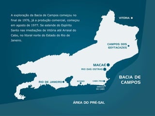 A exploração da Bacia de Campos começou no
final de 1976, já a produção comercial, começou
em agosto de 1977. Se estende do Espírito
Santo nas imediações de Vitória até Arraial do
Cabo, no litoral norte do Estado do Rio de
Janeiro.
 