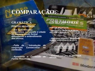 COMPARAÇÃO:
GRAMÁTICA
PONTOS NEGATIVOS:
→Em determinadas
conjunções, o conceito é citado
de maneira muito formal
dificultando o entendimento
dos alunos.
→Falta da introdução da
conjunção Consecutiva no
conteúdo.
→Apresenta o Conteúdo de
Forma Resumida.
LIVRO DIDÁTICO:
PONTOS NEGATIVOS:
→Apesenta o conteúdo de forma
resumida e superficial.
→Exemplos limitados, dificultando
assim o entendimento do aluno.
→O conceito de conjunção é
introduzido de forma direta e
incompleta.
→Exercício com grau de dificuldade
elevado.
 