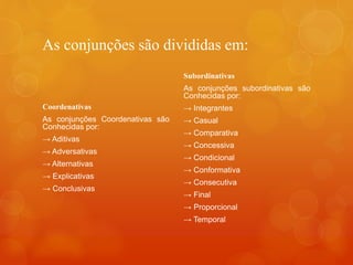 As conjunções são divididas em:
Coordenativas
As conjunções Coordenativas são
Conhecidas por:
→ Aditivas
→ Adversativas
→ Alternativas
→ Explicativas
→ Conclusivas
Subordinativas
As conjunções subordinativas são
Conhecidas por:
→ Integrantes
→ Casual
→ Comparativa
→ Concessiva
→ Condicional
→ Conformativa
→ Consecutiva
→ Final
→ Proporcional
→ Temporal
 