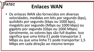 Enlaces WAN
• Os enlaces WAN são fornecidos em diversas
velocidades, medidas em bits por segundo (bps),
quilobits por segundo (kbps ou 1000 bps),
megabits por segundo (Mbps ou 1000 kbps) ou
gigabits por segundo (Gbps ou 1000 Mbps).
Geralmente, os valores bps são full duplex. Isso
significa que uma linha E1 pode transportar 2
Mbps ou que uma linha T1 pode transportar 1,5
Mbps em cada direção ao mesmo tempo
 