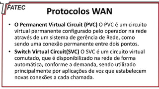 Protocolos WAN
• O Permanent Virtual Circuit (PVC) O PVC é um circuito
virtual permanente configurado pelo operador na rede
através de um sistema de gerência de Rede, como
sendo uma conexão permanente entre dois pontos.
• Switch Virtual Circuit(SVC) O SVC é um circuito virtual
comutado, que é disponibilizado na rede de forma
automática, conforme a demanda, sendo utilizado
principalmente por aplicações de voz que estabelecem
novas conexões a cada chamada.
 