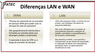 Diferenças LAN e WAN
• LAN’s são pequenas redes, a maioria de uso
privado, que interligam nós dentro de
pequenas distâncias .
• São muito utilizadas para a conexão de
computadores pessoais e estações de
trabalho, permitindo o compartilhamento
de recursos e informações.
• Seu tamanho é restrito, o que permite o
conhecimento do seu tempo de transmissão
e a detecção de falhas com antecedência,
permitindo assim um gerenciamento
simplificado da rede
• Precisa ser assinante de um provedor
de serviços WAN para poder usar os
serviços de rede da operadora
• São geograficamente distribuídas e
formadas por grandes áreas que
abrangem países e continentes.
• O assinante é dono do CPE ou o
aluga do provedor de serviços
WAN
1 LAN
2
 