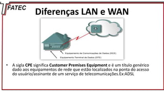 Diferenças LAN e WAN
• A sigla CPE significa Customer Premises Equipment e é um título genérico
dado aos equipamentos de rede que estão localizados na ponta do acesso
do usuário/assinante de um serviço de telecomunicações.Ex:ADSL
 
