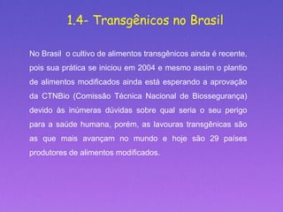 1.4- Transgênicos no Brasil
No Brasil o cultivo de alimentos transgênicos ainda é recente,
pois sua prática se iniciou em 2004 e mesmo assim o plantio
de alimentos modificados ainda está esperando a aprovação
da CTNBio (Comissão Técnica Nacional de Biossegurança)
devido às inúmeras dúvidas sobre qual seria o seu perigo
para a saúde humana, porém, as lavouras transgênicas são
as que mais avançam no mundo e hoje são 29 países
produtores de alimentos modificados.
 