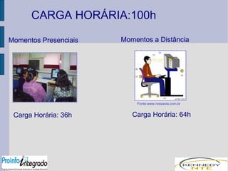 CARGA HORÁRIA:100h 
Momentos Presenciais Momentos a Distância 
Fonte:www.nossavia.com.br 
Carga Horária: 36h Carga Horária: 64h 
 