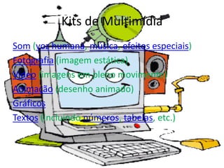 Kits de Multimídia
Som (voz humana, música, efeitos especiais)
Fotografia (imagem estática)
Vídeo (imagens em pleno movimento)
Animação (desenho animado)
Gráficos
Textos (incluindo números, tabelas, etc.)