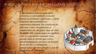 A discrepância entre a capacidade produtiva 
A discrepância entre a capacidade 
produtiva e a demanda de consumo 
retraiu as atividades comerciais e a dieta 
alimentar das populações se 
empobreceu bastante. Em condições tão 
adversas, o risco de epidemias se 
transformou em um grave fator de risco. 
No século XIV, a peste negra se espalhou 
entre as populações causando uma 
grande onda de mortes que ceifou, 
aproximadamente, um terço da Europa. 
No século XV, o contingente 
populacional europeu atingia a casa dos 
35 milhões de habitantes . 
 