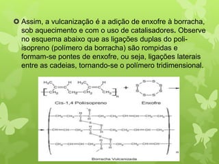  Assim, a vulcanização é a adição de enxofre à borracha, 
sob aquecimento e com o uso de catalisadores. Observe 
no esquema abaixo que as ligações duplas do poli-isopreno 
(polímero da borracha) são rompidas e 
formam-se pontes de enxofre, ou seja, ligações laterais 
entre as cadeias, tornando-se o polímero tridimensional. 
 