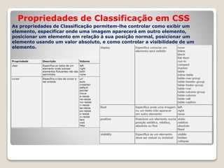 Propriedades de Classificação em CSS 
As propriedades de Classificação permitem-lhe controlar como exibir um 
elemento, especificar onde uma imagem aparecerá em outro elemento, 
posicionar um elemento em relação à sua posição normal, posicionar um 
elemento usando um valor absoluto, e como controlar a visibilidade de um 
elemento. 
 