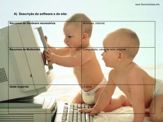 A) Descrição do software e do site: 
Recursos de Hardware necessários Windows, internet. 
Recursos de Multimídia Computador, caixa de som, internet. 
Idade sugerida 5 anos 
 