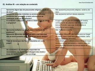 D) Análise III – em relação ao conteúdo 
Apresenta algum tipo de preconceito religioso, racial ou 
de sexo? 
Não apresenta preconceito religioso, racial ou de 
sexo. 
Apresenta condutas violentas ou promove atitudes 
contrárias aos valores do projeto educacional da 
instituição onde vai ser utilizado? 
Não apresenta nenhum desses aspectos. 
O conteúdo é adequado e atrativo à idade a que se dirige 
o programa? 
O jogo exige um grau de coordenação motora, 
conhecimento de palavras mais simples e de 
leitura. Portanto, esse jogo é sim atrativo e 
motivacional para a idade. 
Apresenta múltiplos caminhos para a resolução do 
problema? 
Não. Somente o acerto. 
Apresenta diferentes alternativas para o uso para que 
não se torne cansativo para o aluno em pouco tempo? 
Não possui diferentes alternativas para se chegar 
ao acerto, mas a cada letra traz novidades. (letra, 
figuras e palavras diferentes). 
Trata de temas que não fiquem absoletos em curto 
prazo? 
Considerado que o alfabeto possui 26 letras e que 
dinâmica do jogo permanece a mesma, pode sim 
provocar o desinteresse na criança depois de 
algum tempo. 
Os conteúdos e as atividades respondem às 
necessidades de ensino-aprendizagem dos níveis e 
áreas do conhecimento a que se dirige. 
Sim. 
 