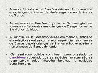 • A maior frequência da Candida albicans foi observada 
em crianças de 2 anos de idade seguindo as de 4 e as 
de 3 anos. 
• As espécies de Candida tropicalis e Candida glabrata 
foram mais frequentes nas crianças de 2 seguindo as de 
3 e 4 anos de idade. 
• A Candida krusei desenvolveu-se em menor quantidade 
em relação as outras com maior frequência nas crianças 
de 3 anos depois crianças de 2 anos e houve ausência 
nas crianças de 4 anos de idade. 
• Os resultados obtidos contribuem para o estudo da 
candidose sugerindo que as espécies isoladas são as 
responsáveis pelas infecções fúngicas na cavidade 
bucal humana. 
 