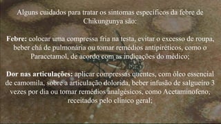 Alguns cuidados para tratar os sintomas específicos da febre de 
Chikungunya são: 
Febre: colocar uma compressa fria na testa, evitar o excesso de roupa, 
beber chá de pulmonária ou tomar remédios antipiréticos, como o 
Paracetamol, de acordo com as indicações do médico; 
Dor nas articulações: aplicar compressas quentes, com óleo essencial 
de camomila, sobre a articulação dolorida, beber infusão de salgueiro 3 
vezes por dia ou tomar remédios analgésicos, como Acetaminofeno, 
receitados pelo clínico geral; 
 