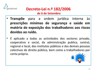 • Transpõe para a ordem jurídica interna às 
prescrições mínimas de segurança e saúde em 
matéria de exposição dos trabalhadores aos riscos 
devidos ao ruído. 
• É aplicado a todas as actividades dos sectores privado, 
cooperativo e social, da administração publica, central, 
regional e local, dos institutos públicos e das demais pessoas 
colectivas de direito público, bem como a trabalhadores por 
conta própria. 
11 
Decreto-Lei n.º 182/2006 
de 6 de Setembro 
 