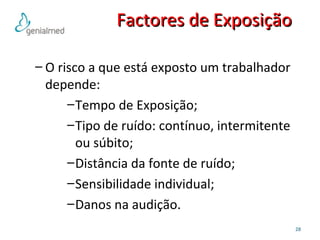 FFaaccttoorreess ddee EExxppoossiiççããoo 
– O risco a que está exposto um trabalhador 
depende: 
–Tempo de Exposição; 
–Tipo de ruído: contínuo, intermitente 
ou súbito; 
–Distância da fonte de ruído; 
–Sensibilidade individual; 
–Danos na audição. 
28 
 